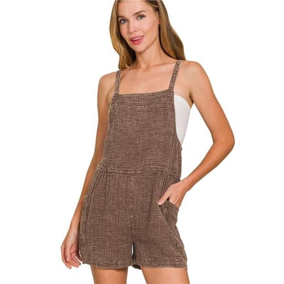 Zenana Washed Double Gauze Tie Back Rompers - Picture 1 of 3